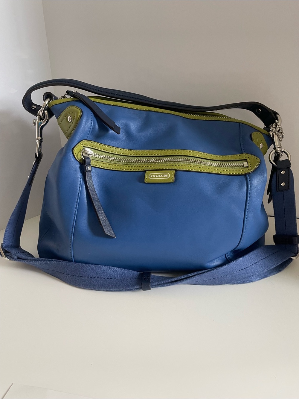 Coach Daisy Spectator leather HoboShoulder Bag Blue with Lime Trim